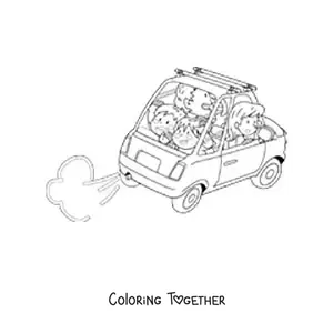 Coloring page of an animated family in a car