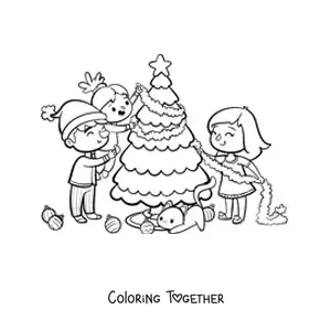 Coloring page of a kawaii family with a cat decorating the Christmas tree