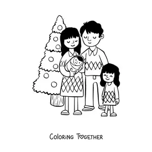Coloring page of a family with a baby by the Christmas tree