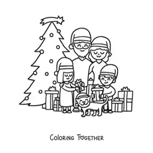 Coloring page of a family of 4 with a cat by the Christmas tree