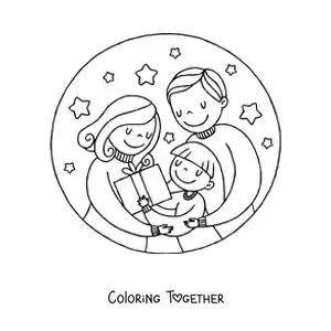 Coloring page of a family of 3 at Christmas with a gift