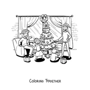 Coloring page of a family opening gifts at Christmas at home