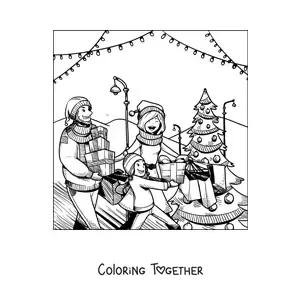 Coloring page of a family doing the Christmas shopping