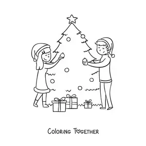 Coloring page of a couple decorating the Christmas tree