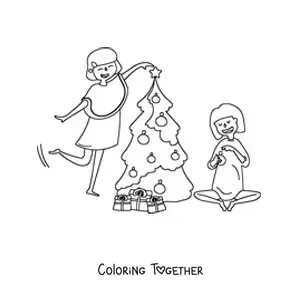 Coloring page of two girls decorating the Christmas tree