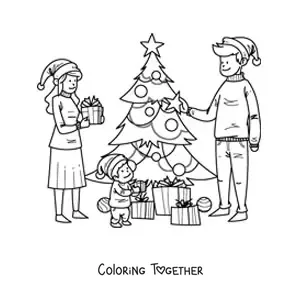 Coloring page of a family on Christmas morning with gifts by the little tree