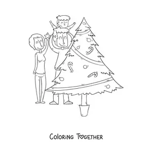 Coloring page of a family decorating the Christmas tree