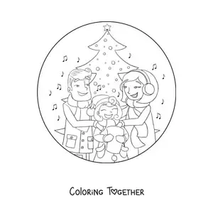 Coloring page of a family singing Christmas carols