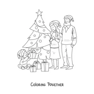 Coloring page of a family with a boy by the Christmas tree with gifts