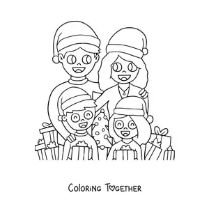 Coloring page of a family of 4 together at Christmas