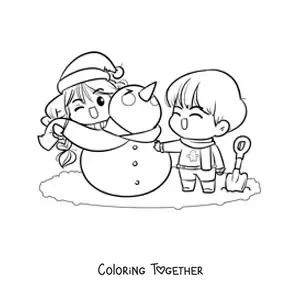 Coloring page of a couple building a snowman