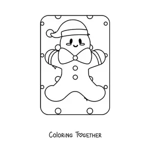 Coloring page of a kawaii gingerbread man with a Christmas hat