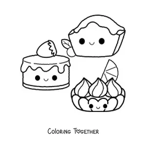 Coloring page of three kawaii cakes