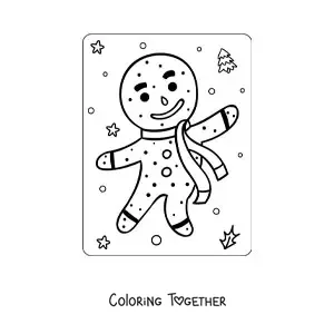 Coloring page of a cartoon gingerbread man with a scarf