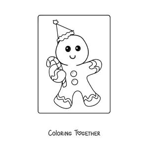 Coloring page of a cartoon gingerbread man with a candy cane