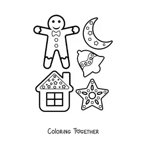 Coloring page of a gingerbread man with gingerbread cookies