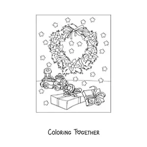 Coloring page of a Christmas wreath with gifts