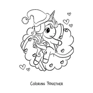 Coloring page of a kawaii Christmas wreath with a unicorn