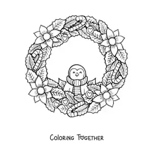 Coloring page of a Christmas wreath with a kawaii penguin and flowers