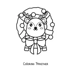 Coloring page of a Christmas wreath with a kawaii reindeer