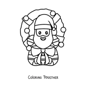 Coloring page of a Christmas wreath with a kawaii Santa