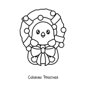 Coloring page of a Christmas wreath with a kawaii penguin