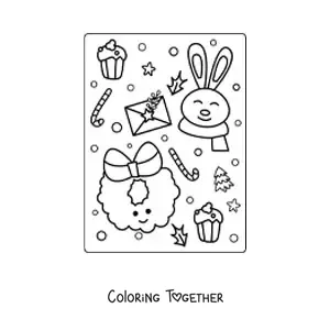 Coloring page of a kawaii cartoon Christmas wreath