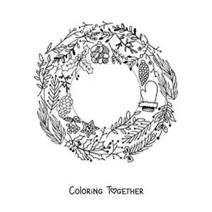 Coloring page of a Christmas wreath with ornaments