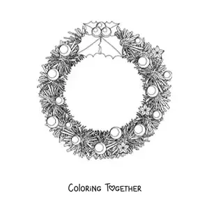 Coloring page of a Christmas wreath with decorations