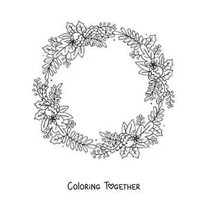 Coloring page of a Christmas wreath with leaves
