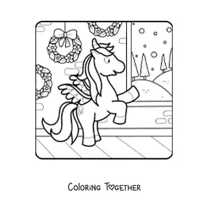 Coloring page of a unicorn with Christmas wreaths