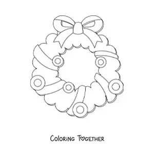 Coloring page of a Christmas wreath with a bow and decorations