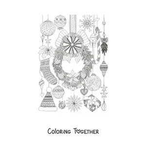 Coloring page of a Christmas wreath with Christmas ornaments