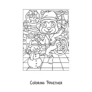 Coloring page of a cartoon monkey with a Christmas wreath
