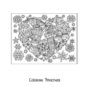 Coloring page of a pretty Christmas wreath with stockings and baubles