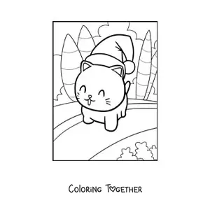 Coloring page of a kawaii cat with a Christmas hat