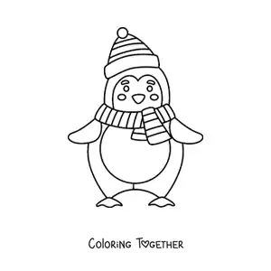 Coloring page of a kawaii penguin with a Christmas hat