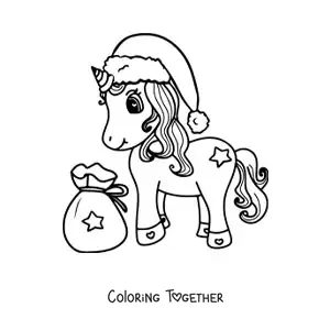 Coloring page of a kawaii unicorn with a Christmas hat