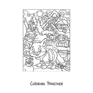 Coloring page of a cartoon fox with a Christmas hat