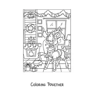 Coloring page of a cartoon deer with a Christmas hat