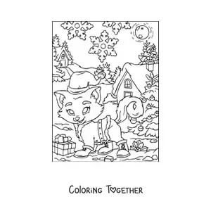 Coloring page of a cartoon cat with a Christmas hat