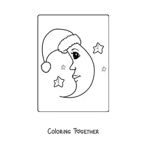 Coloring page of a cartoon moon with a Christmas hat