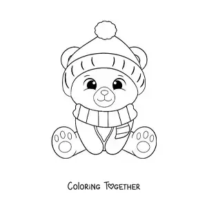 Coloring page of a kawaii Christmas bear