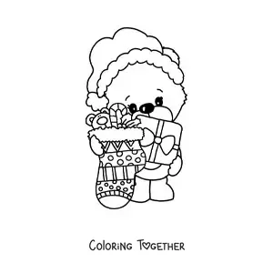 Coloring page of a kawaii bear with gifts and a Christmas stocking