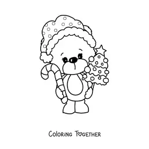 Coloring page of a Christmas bear with a Christmas tree and a candy cane