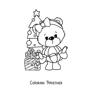 Coloring page of a Christmas bear with a Christmas tree and gifts