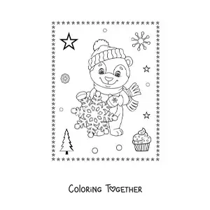 Coloring page of a cartoon Christmas bear with a snowflake
