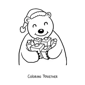 Coloring page of a bear with gifts and a Christmas hat