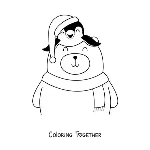Coloring page of a bear with a penguin and a Christmas hat