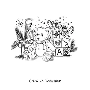 Coloring page of a realistic Christmas teddy bear